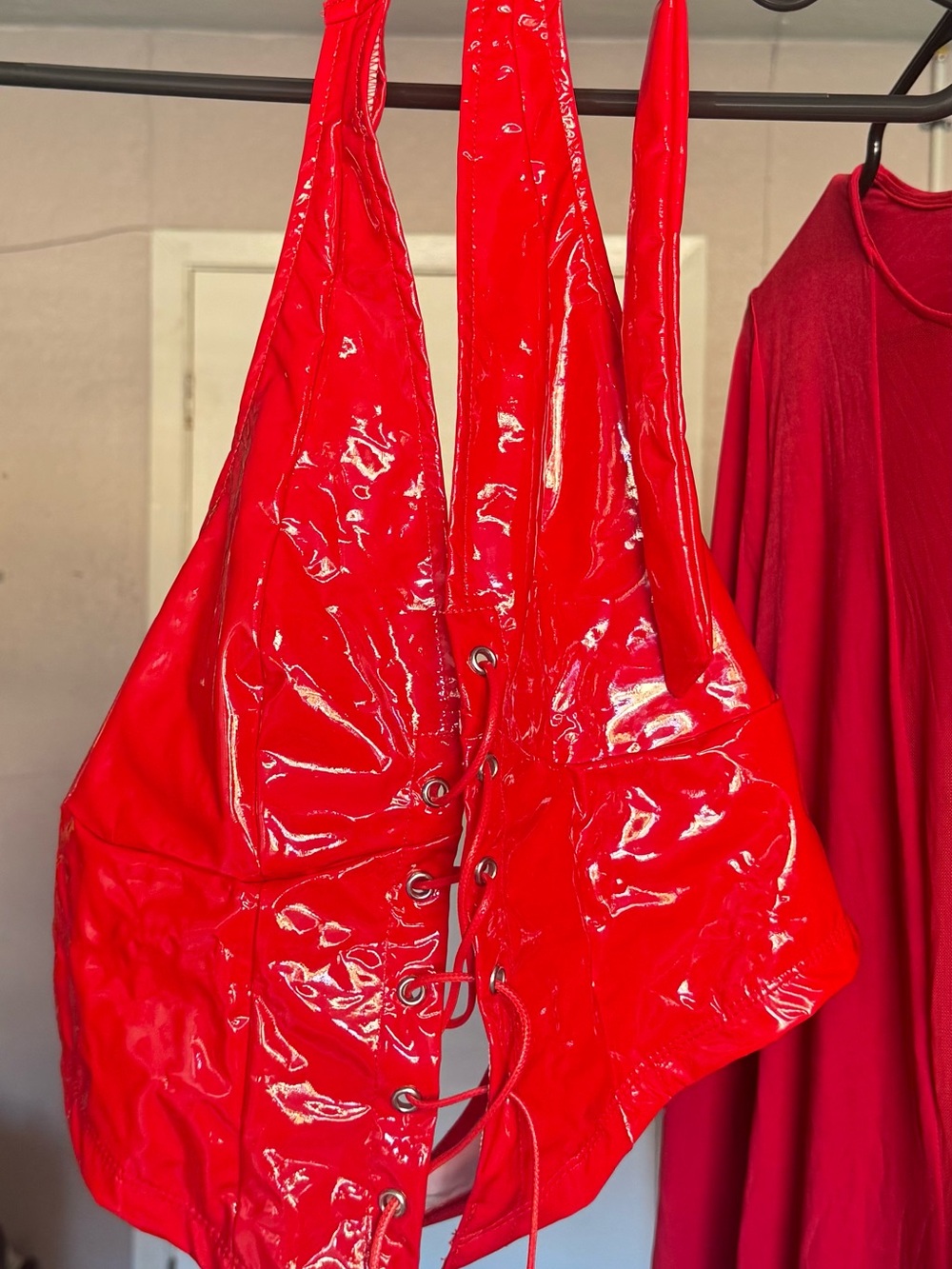 Red Patent Shoulder Bag with Lace-Up Detail
